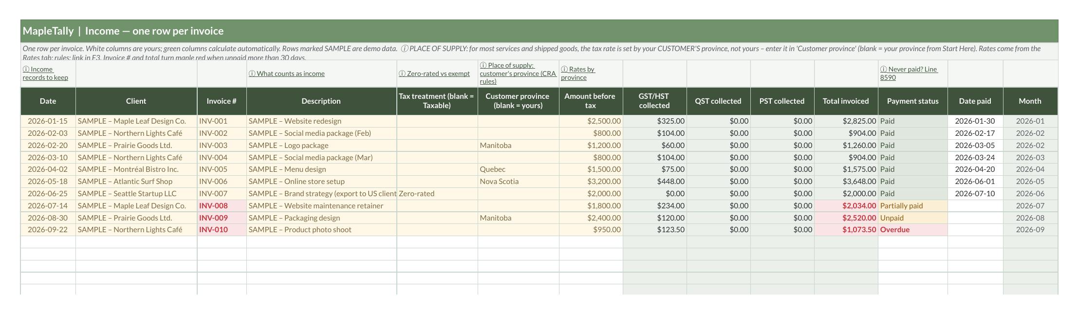 MapleTally Income tab: invoice log with sales tax calculated automatically by province.